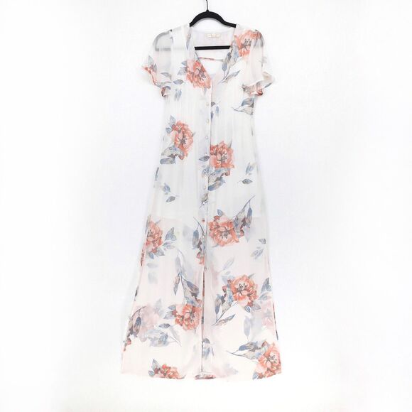 Current Air Asos Women XS Dress White Maxi Chiffon Flutter Sleeve Floral Slit - Picture 3 of 8